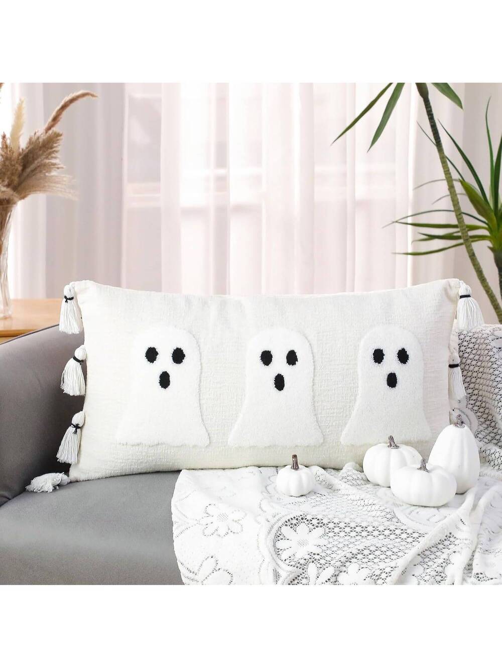 Vercraft Halloween Ghost Lumbar Pillow with Tassels, 14x26, Halloween Decor
